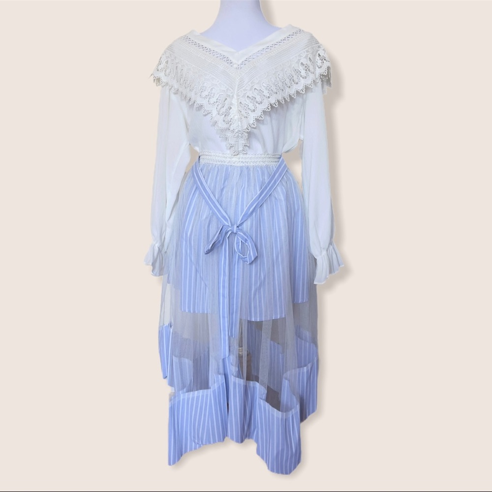 Denim Pinstripe Mini Skirt with Mesh Outer Layer